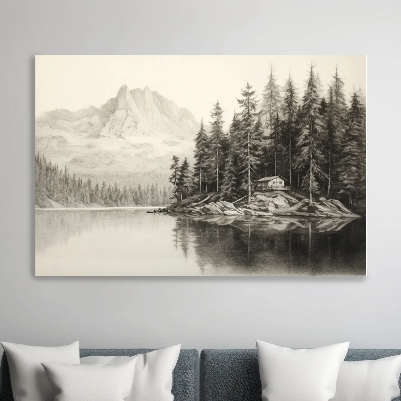 Lead pencil drawing of a cabin by the lake
