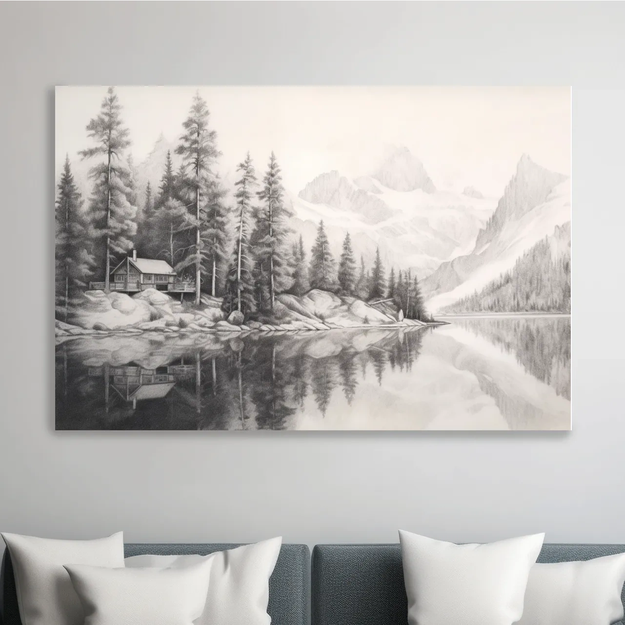 Lead pencil drawing of a cabin by a glacial lake