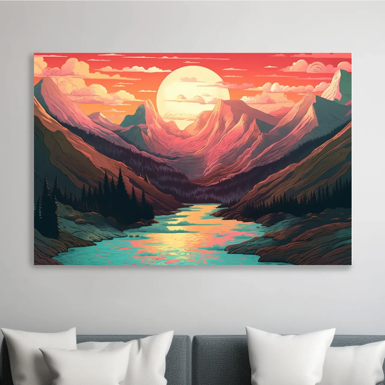 Illustration of a mountain landscape at sunset