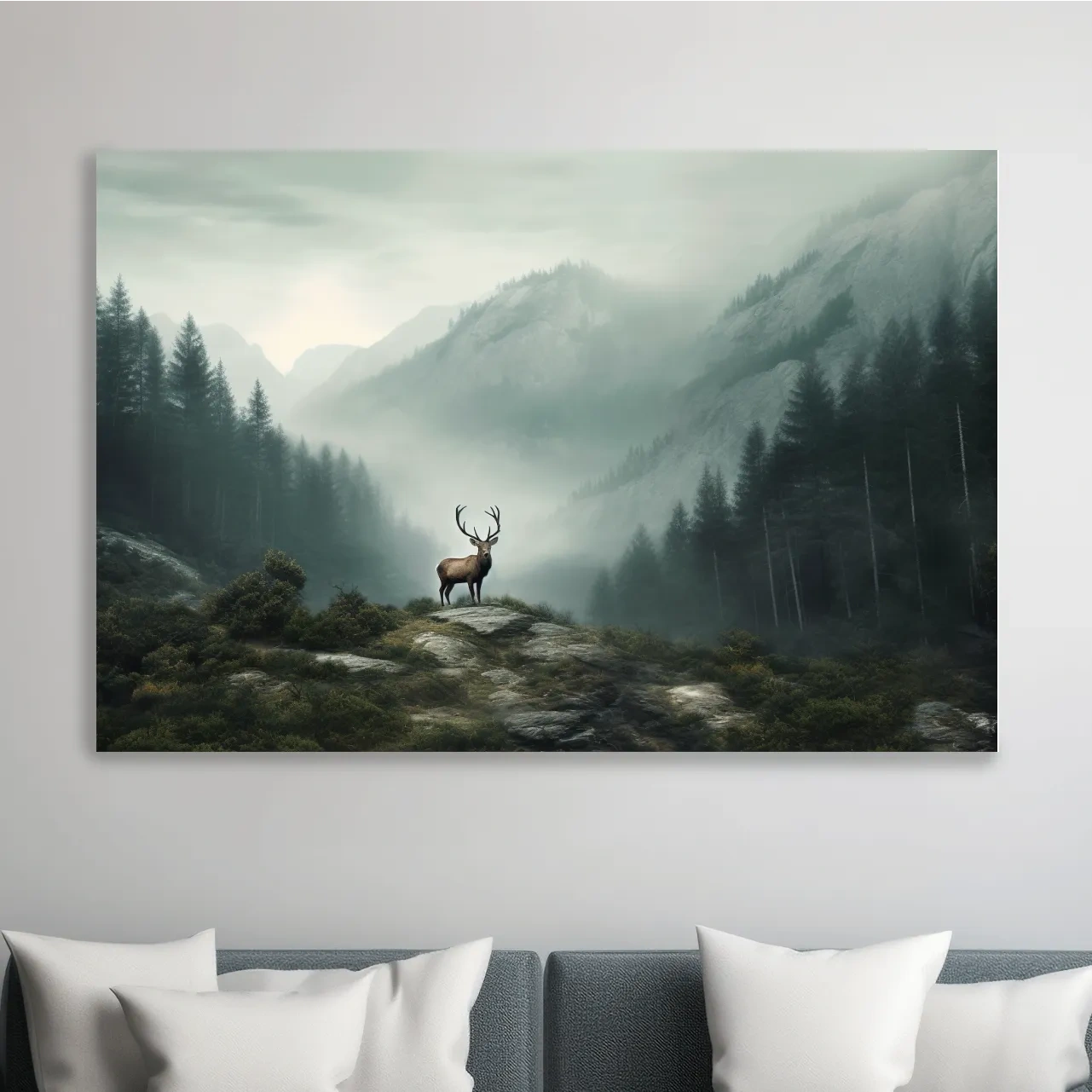 Painting style artwork of a majestic deer standing in the fog