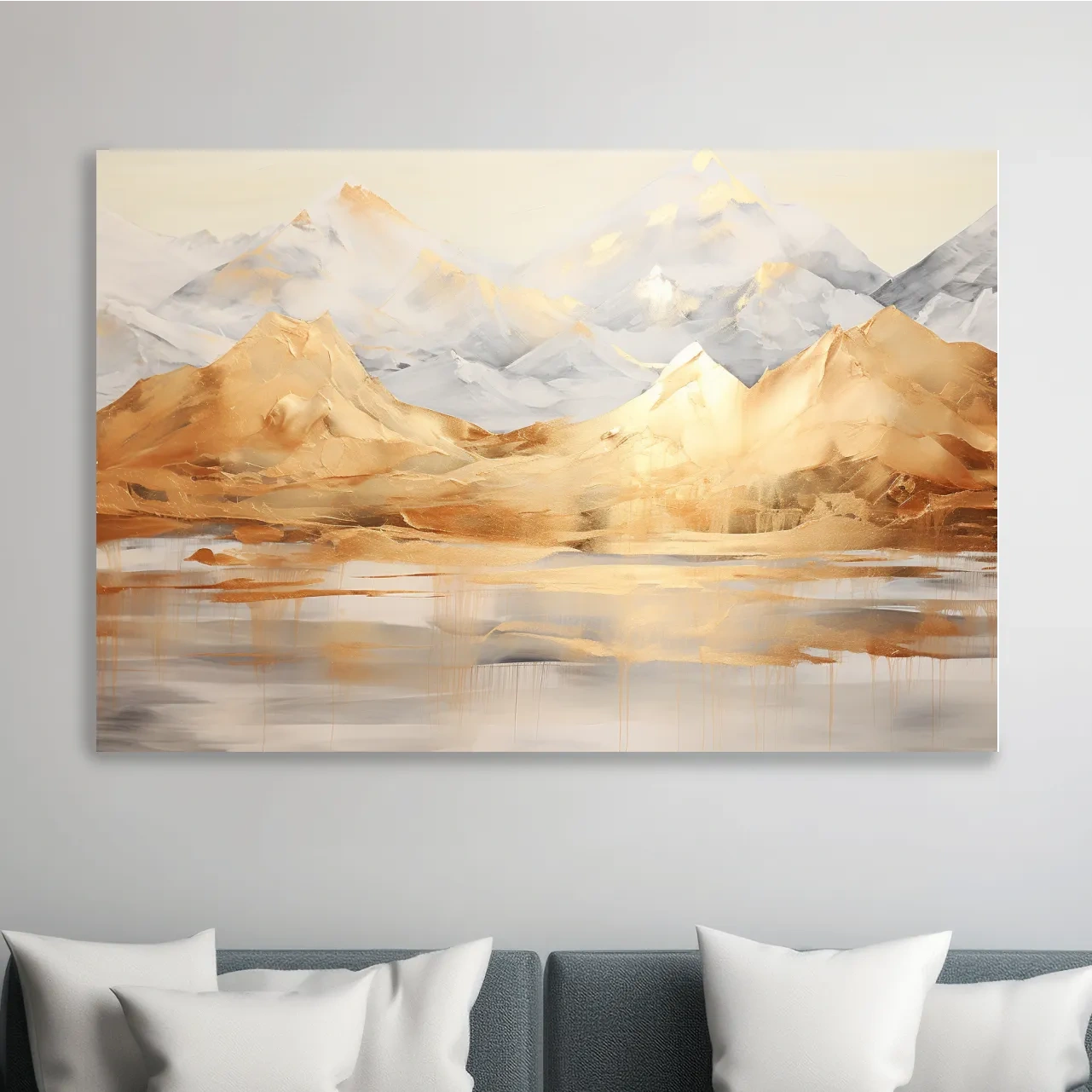 Luxe Golden Abstract Mountain Lake Painting - Elegant Landscape Wall Art