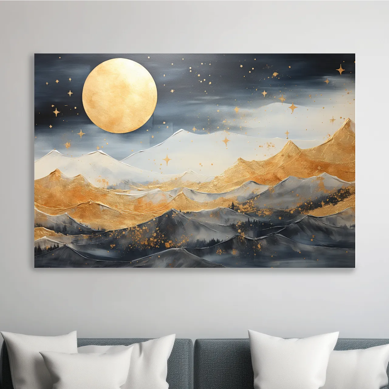 Elegant gold painting of mountains under the stars
