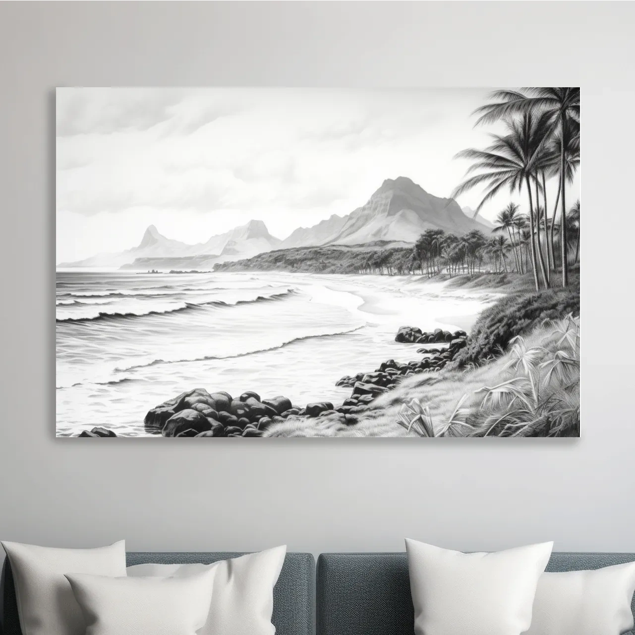 Black and white drawing of a tropical beach mountain scene