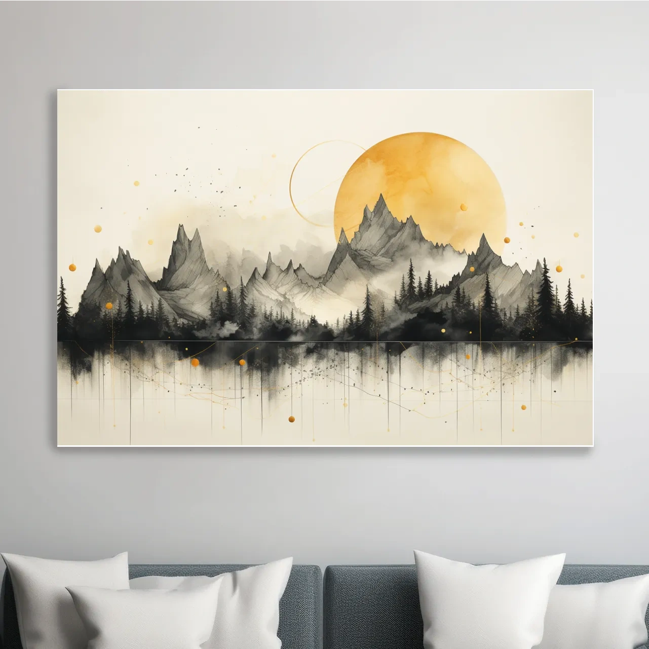 Drawing of jagged mountain peaks under the sun