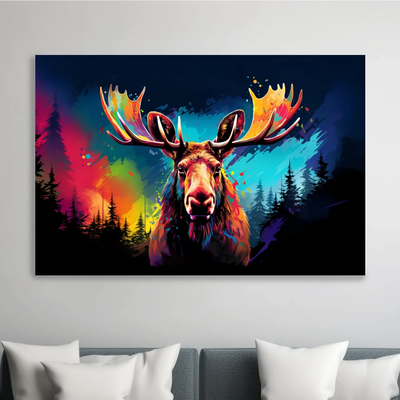Vibrant Abstract Retro Moose Portrait - Colorful Splash Paint Wildlife Wall Art