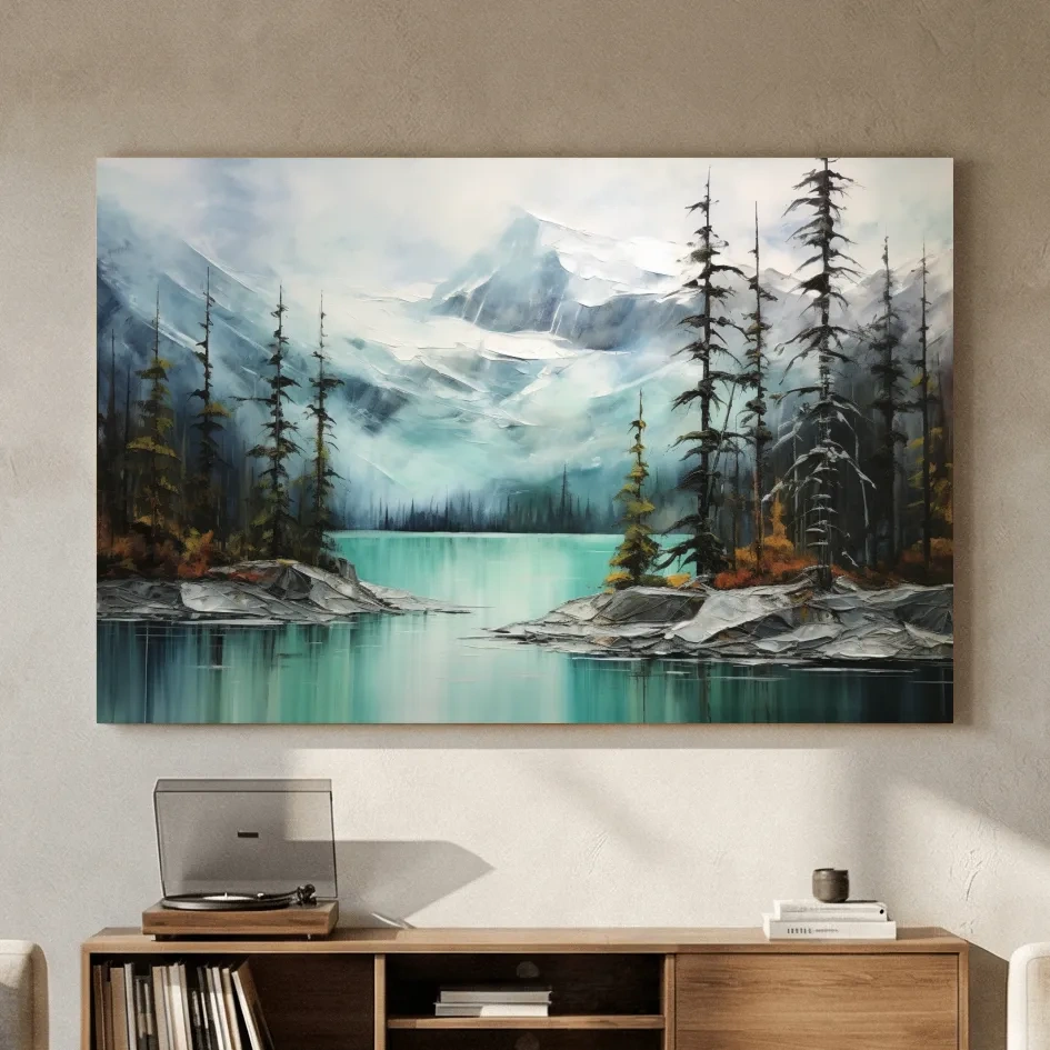 Misty Turquoise Mountain Lake Painting - Serene Alpine Forest Landscape Wall Art