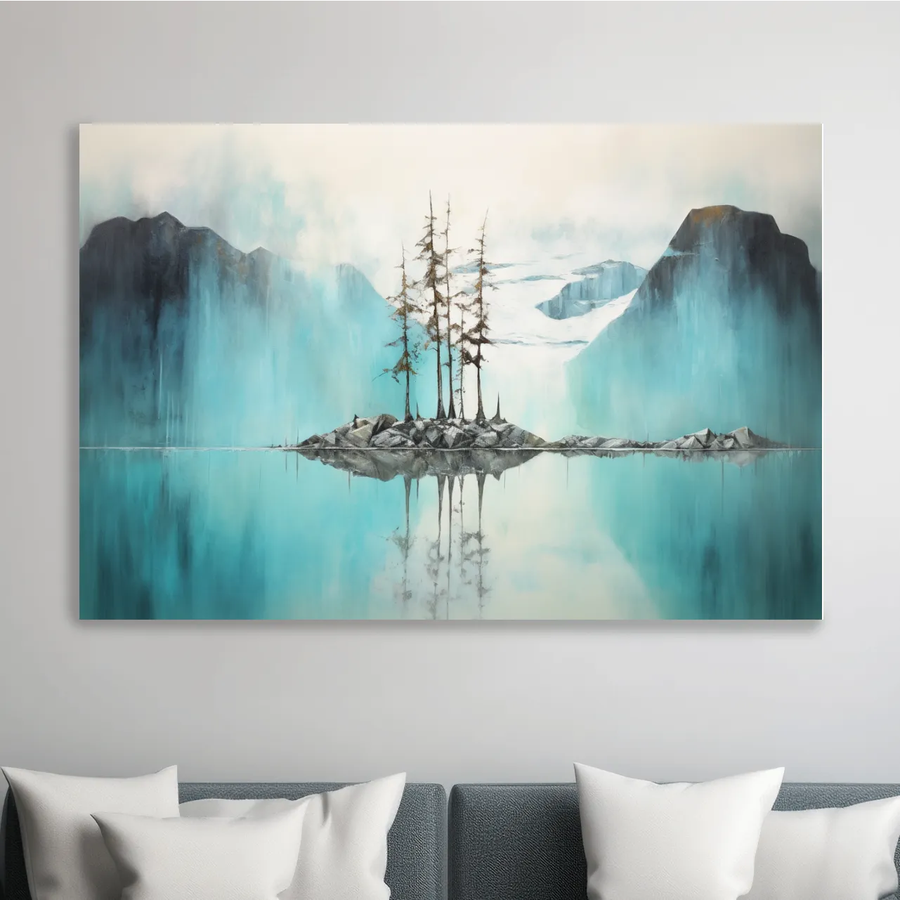 Trees on a turquoise lake, mountain painting
