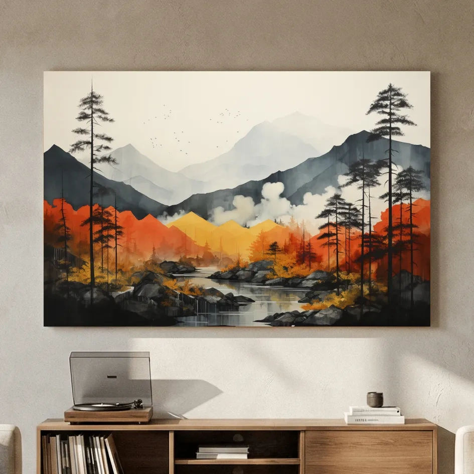 Surreal Mountain Lake Landscape - Autumn Forest Watercolor Wall Art