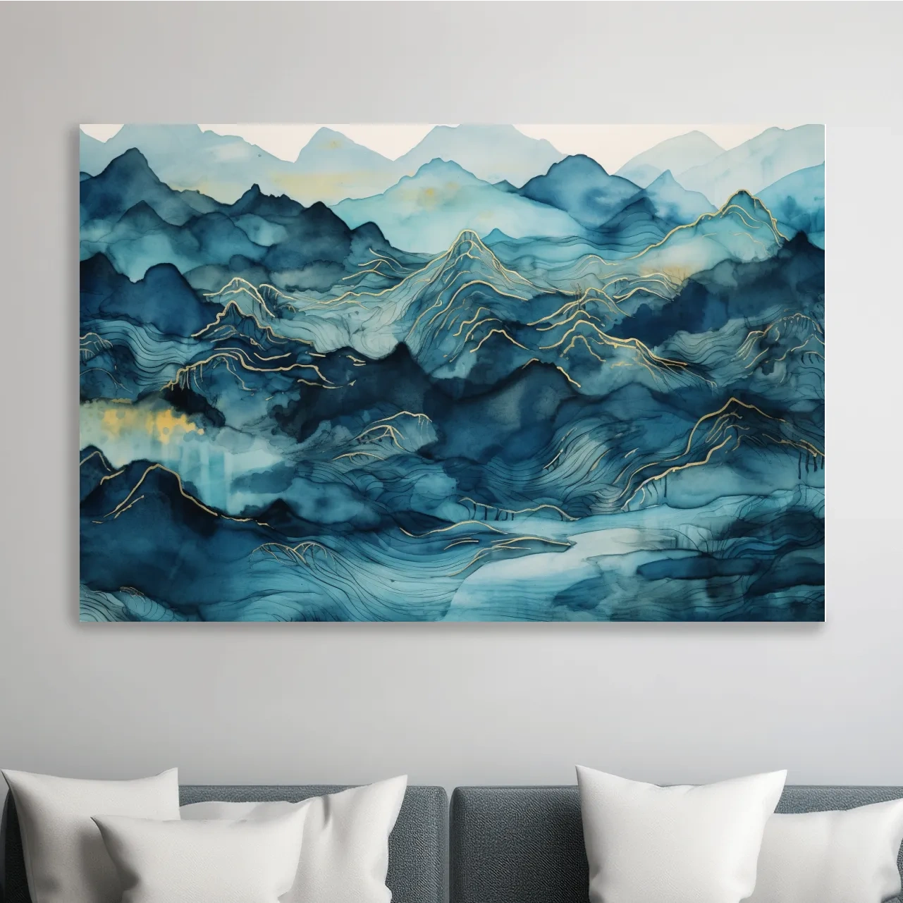 Watercolor Mountain Range With Gold Linework - Abstract Landscape Wall Art
