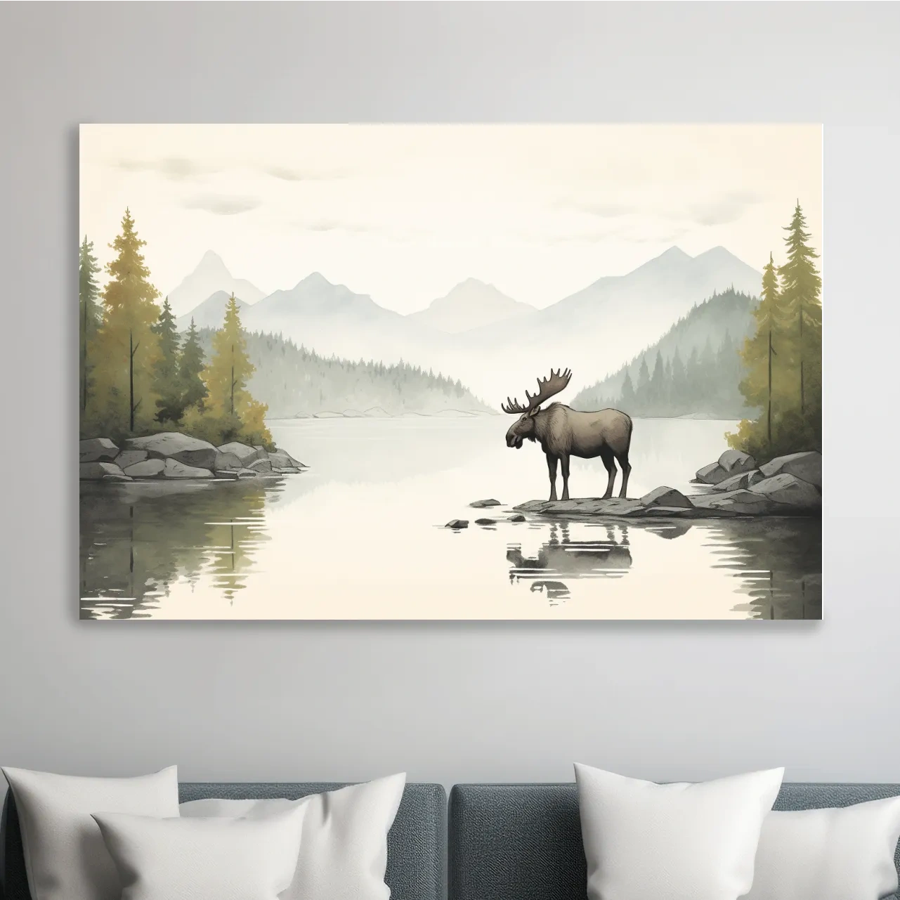 Watercolor Moose By Misty Lake - Mountain Wilderness Nursery Wall Art