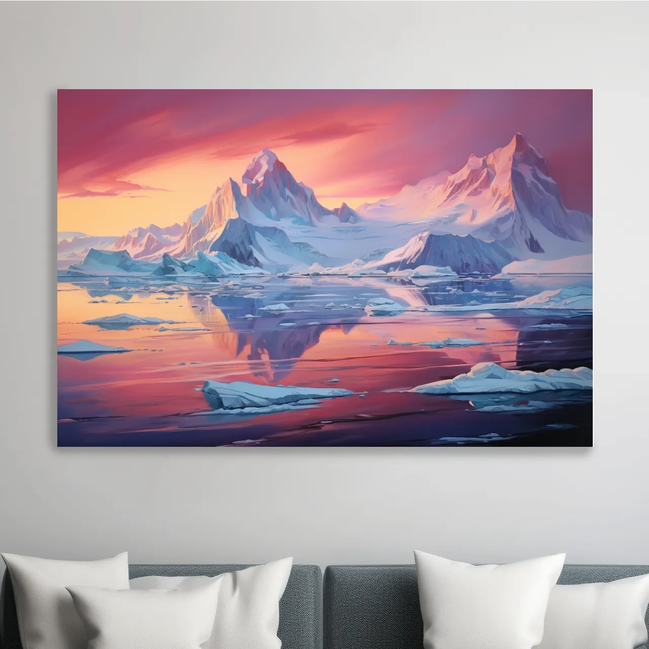 Painting of a sunset over the antarctic glacier