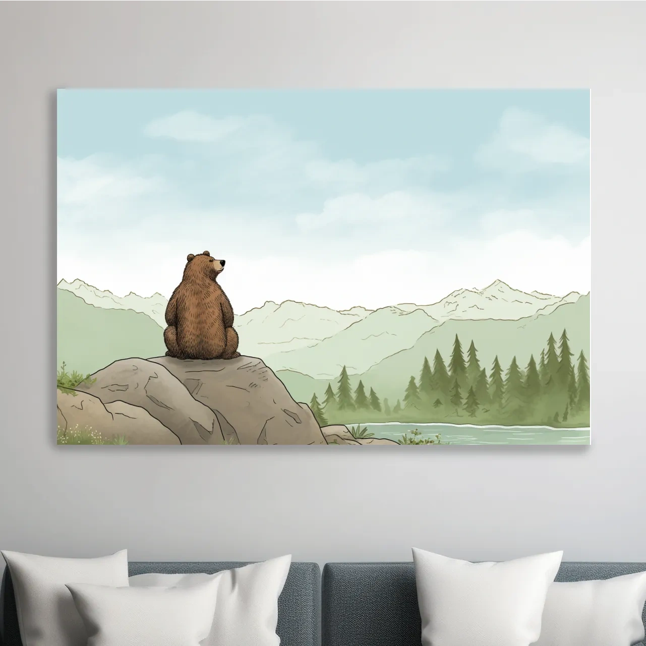 Illustration of a bear chilling on a rock, nursery artwork