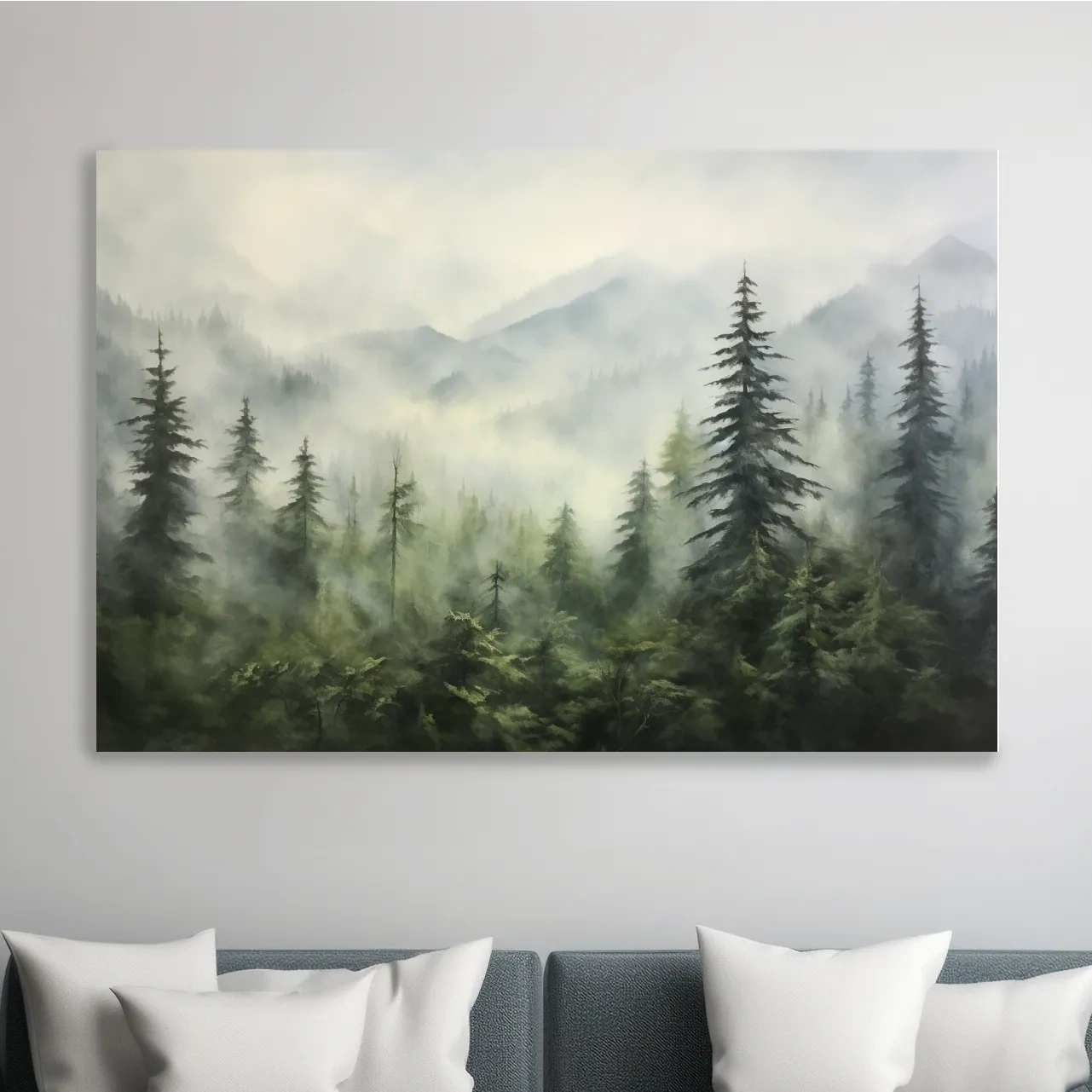 Misty Evergreen Forest Mountains Watercolor - Serene Foggy Landscape Artwork
