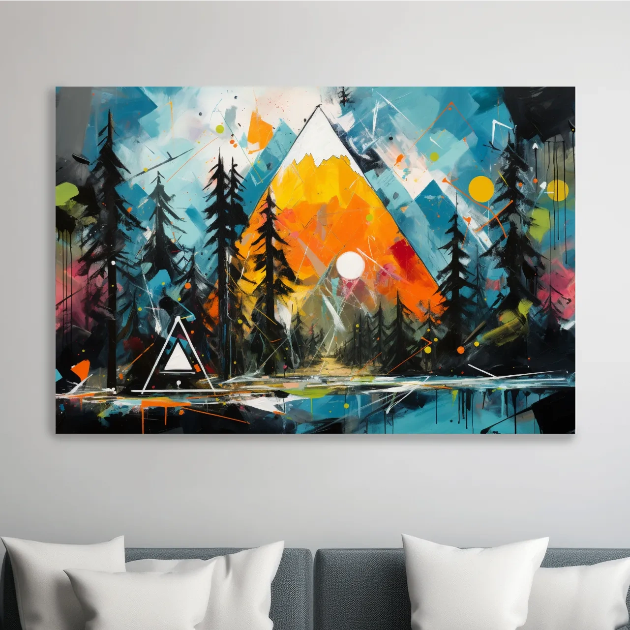 Vibrant Abstract Mountain Sunrise With Pine Forest - Energetic Landscape Wall Art