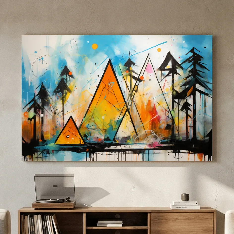 Vibrant Abstract Mountain Peaks And Pines - Colorful Mixed Media Wall Art