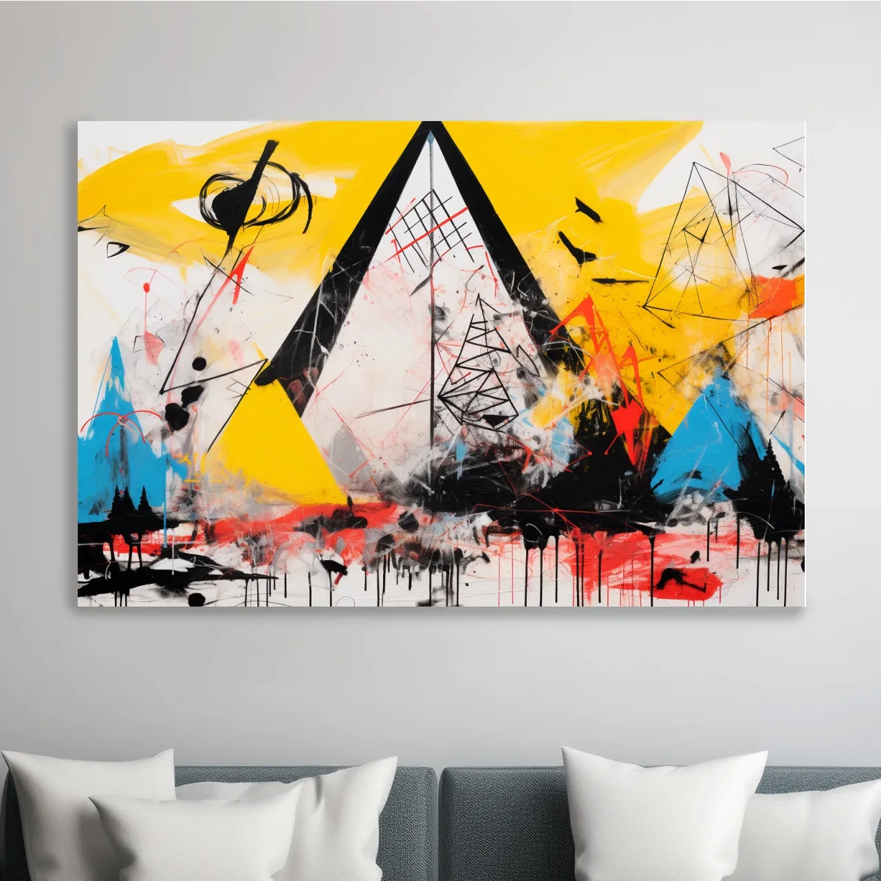 Abstract energetic graffiti style geometric mountain painting