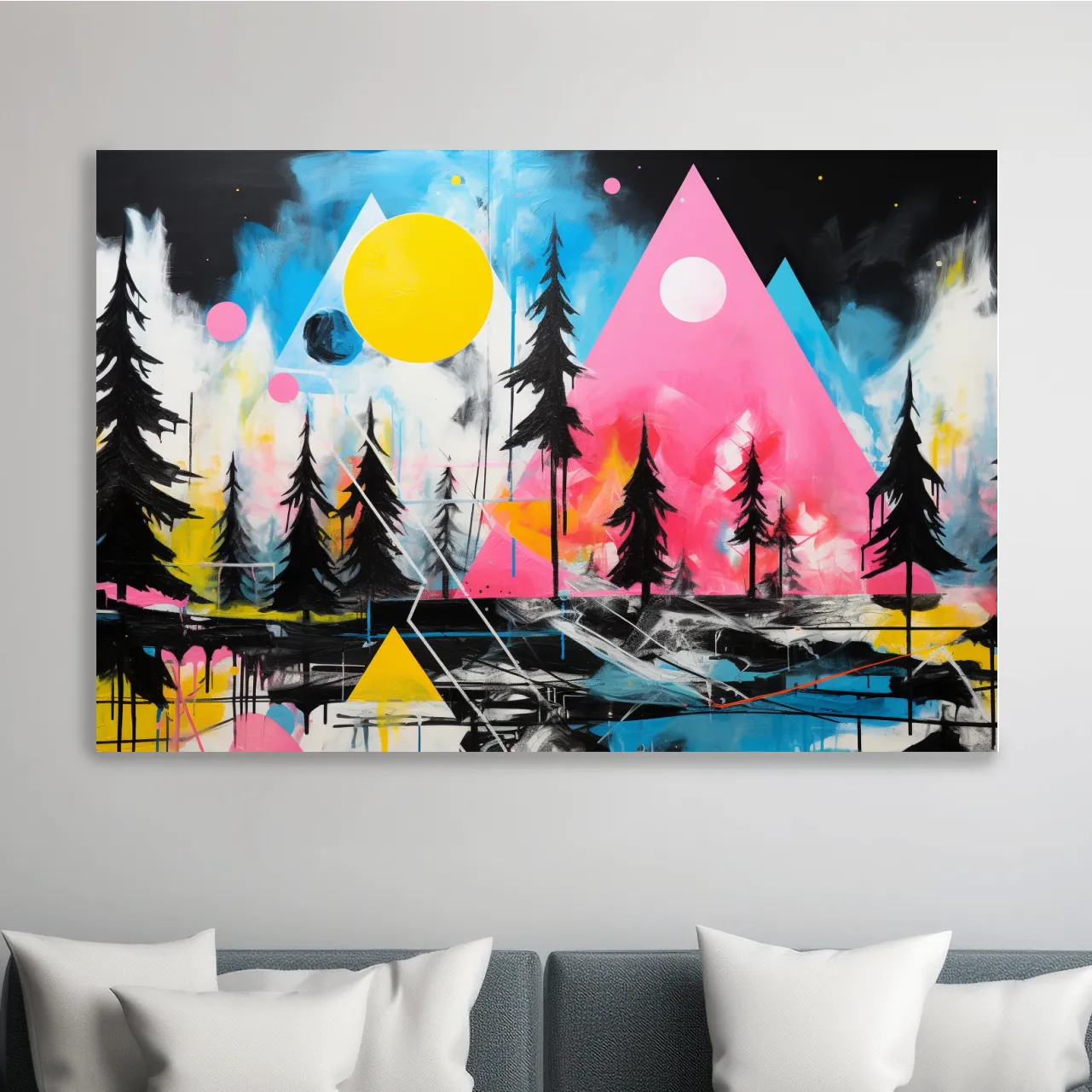 Abstract acrylic painting, mountain shapes and trees