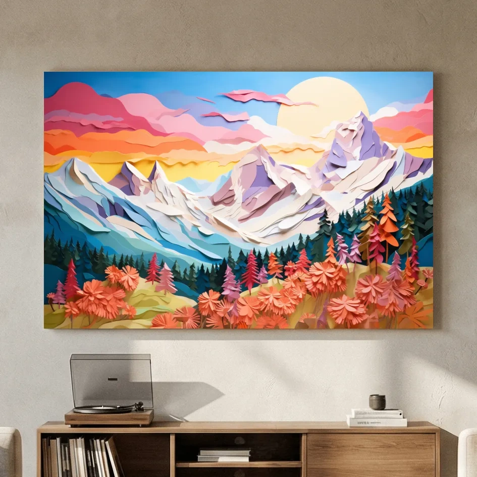 Layered 3D Paper Cut Mountain Sunrise Landscape - Colorful Alpine Meadows Wall Art Print
