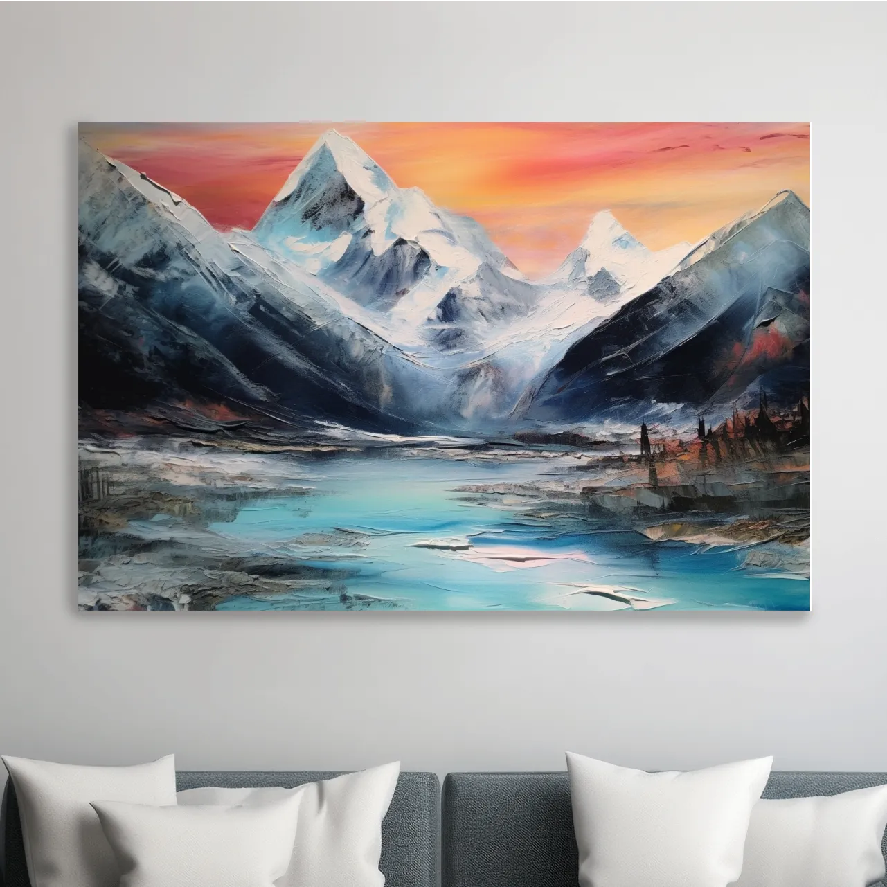 Bold oil painting of a glacier at sunset