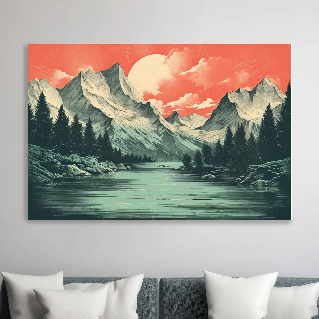 Retro Alpine Mountain Lake Sunset - Vintage Risograph Landscape Wall Art