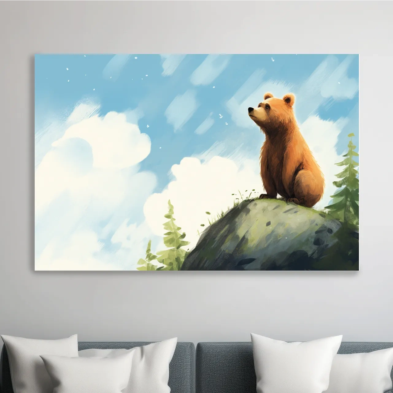 Bright fun painting of a bear gazing into the sky