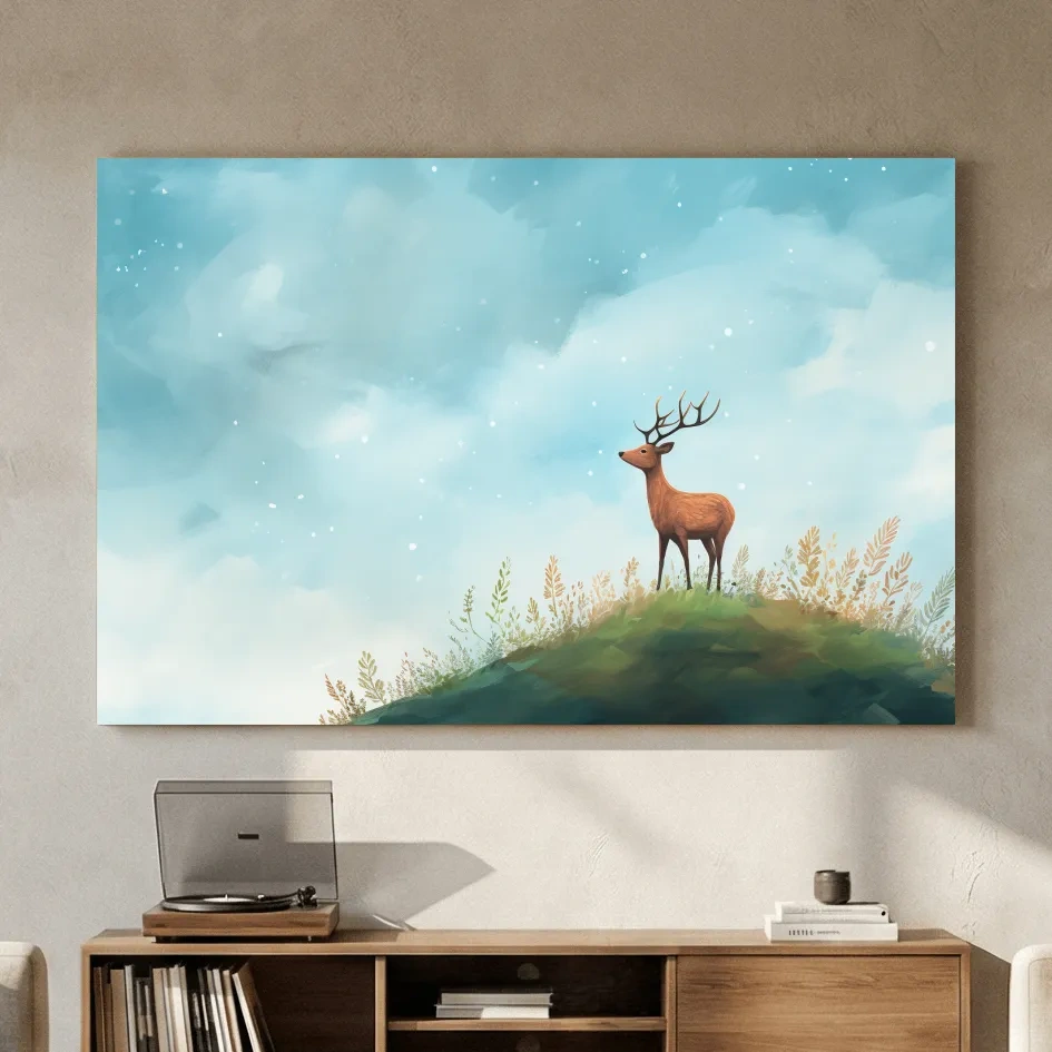 Whimsical Watercolor Stag On Meadow Hill - Nursery Woodland Wildlife Wall Art