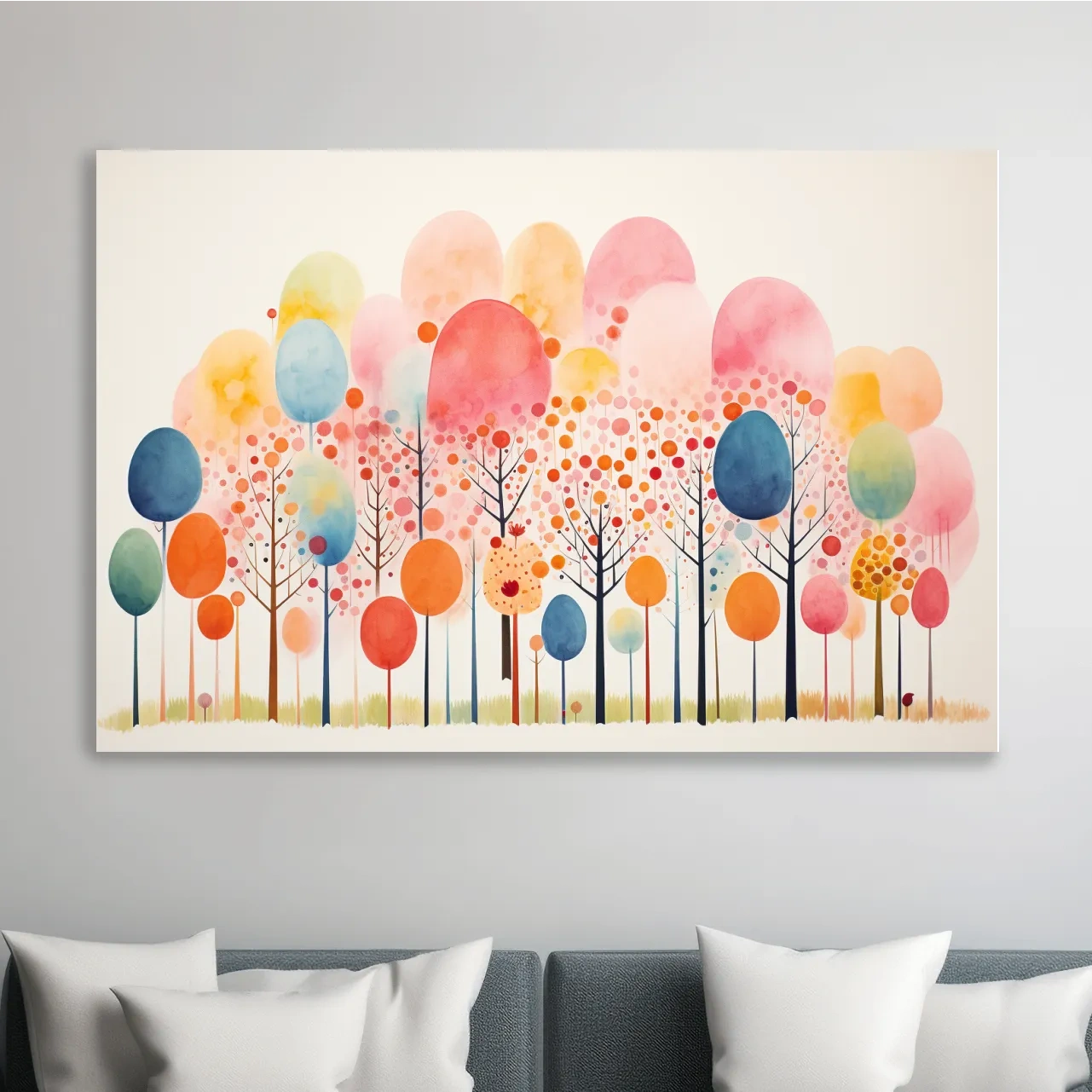 Colorful surreal and whimsical forest painting, pastel colors