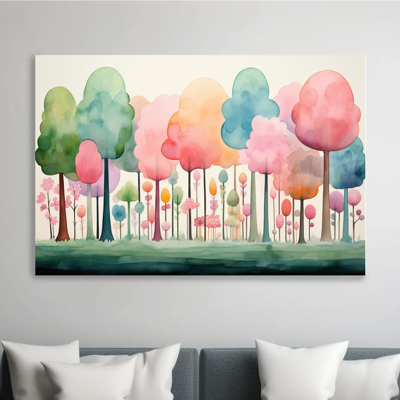 Watercolour painting of a dreamy colourful forest