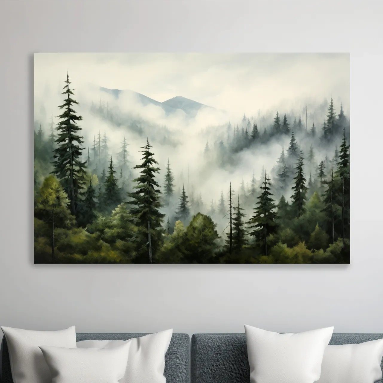 Painting of morning fog rolling through the forest