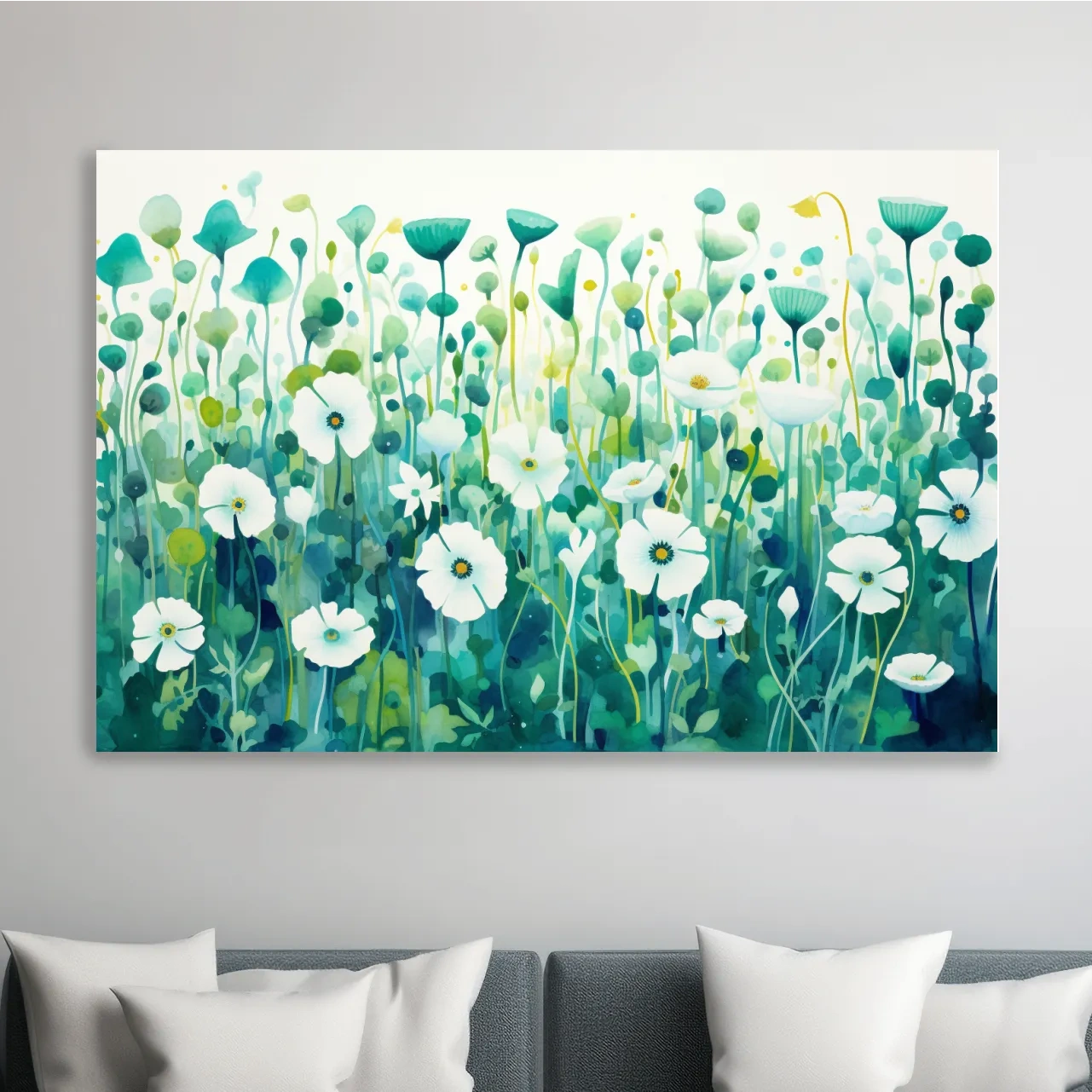 Painting of green flower patterns, colorful floral wall art