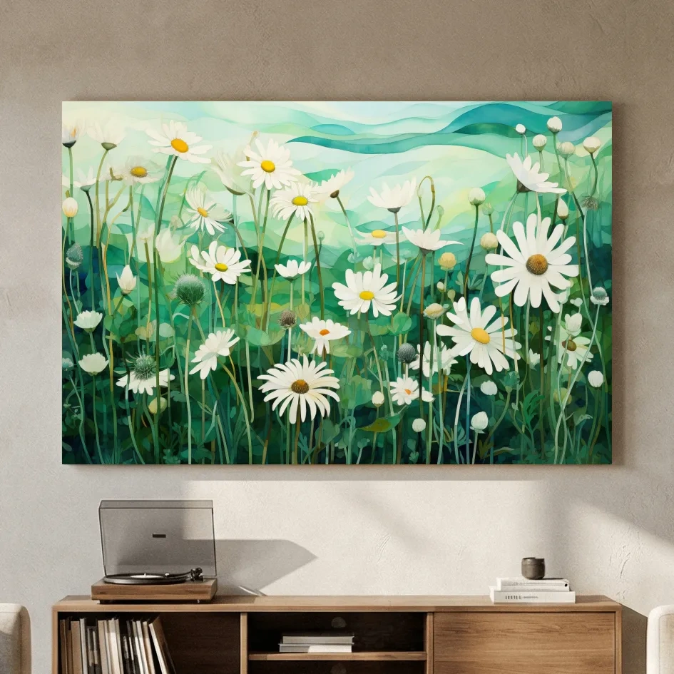 Whimsical Wild Daisy Meadow Landscape - Botanical Watercolor Style Wall Art
