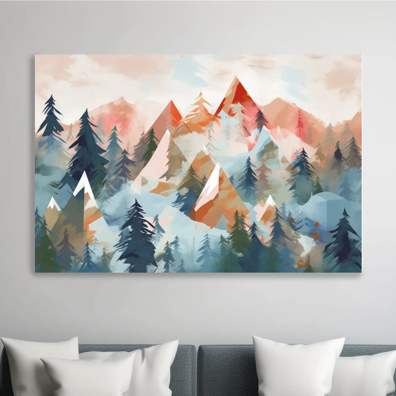 Pastel geometic alpine forest mountain painting
