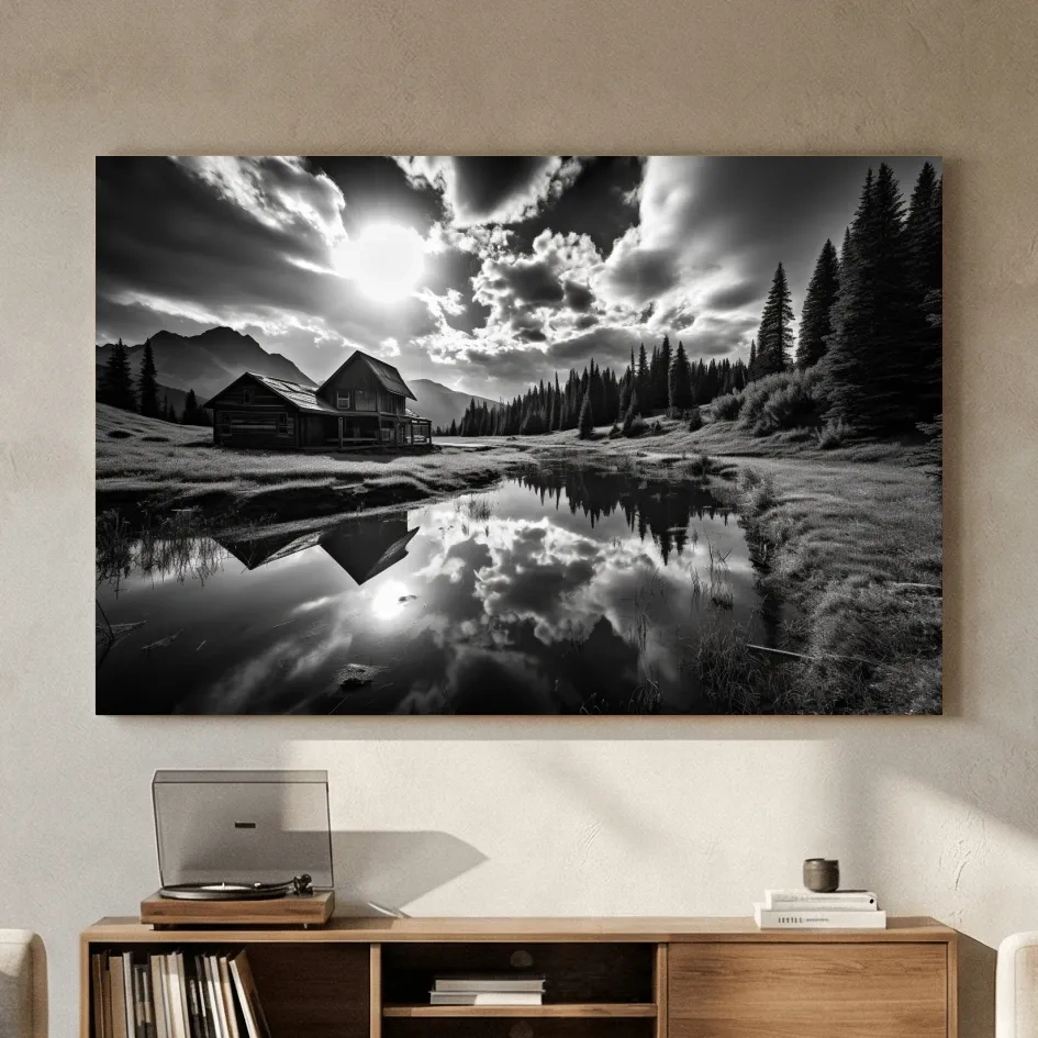 Moody Black And White Mountain Cabin Reflection - Dramatic Alpine Landscape Photography Wall Art