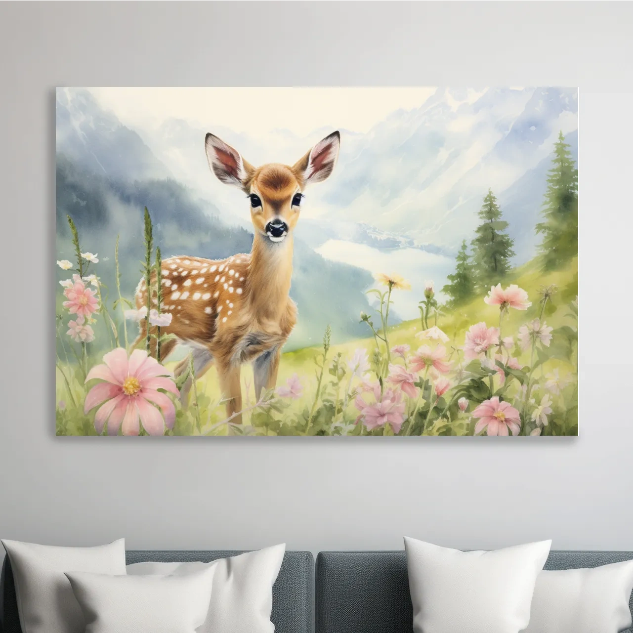 Painting of a deer fawn in the alpine meadows