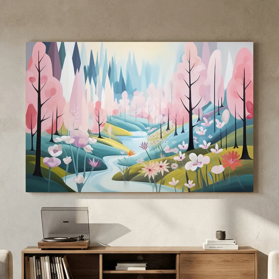 Dreamy Pastel Pink Blossom Forest - Whimsical Floral Landscape Wall Art