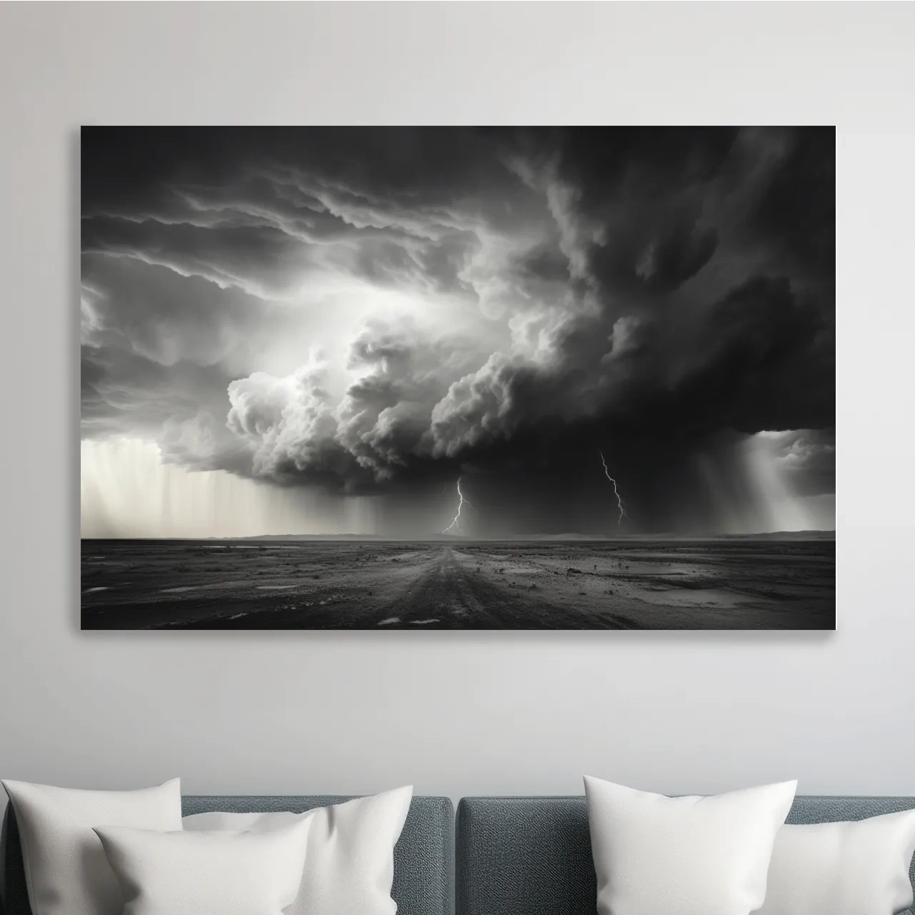 Moody Monochrome Thunderstorm Lightning Landscape - Dramatic Storm Cloud Wall Art