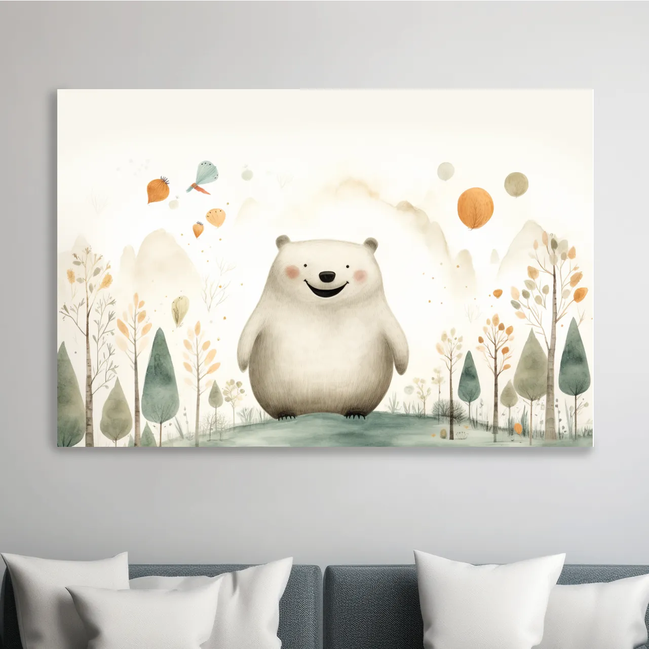 Storybook nursery art, happy bear in the forest