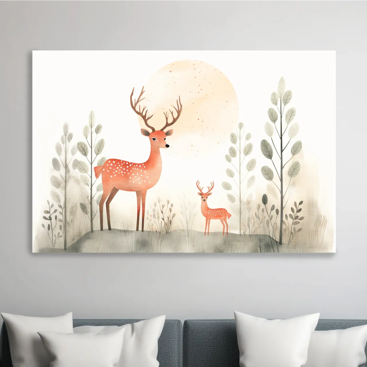 Storybook childrens illustration art, cute deer family in the forest, nursery wall art