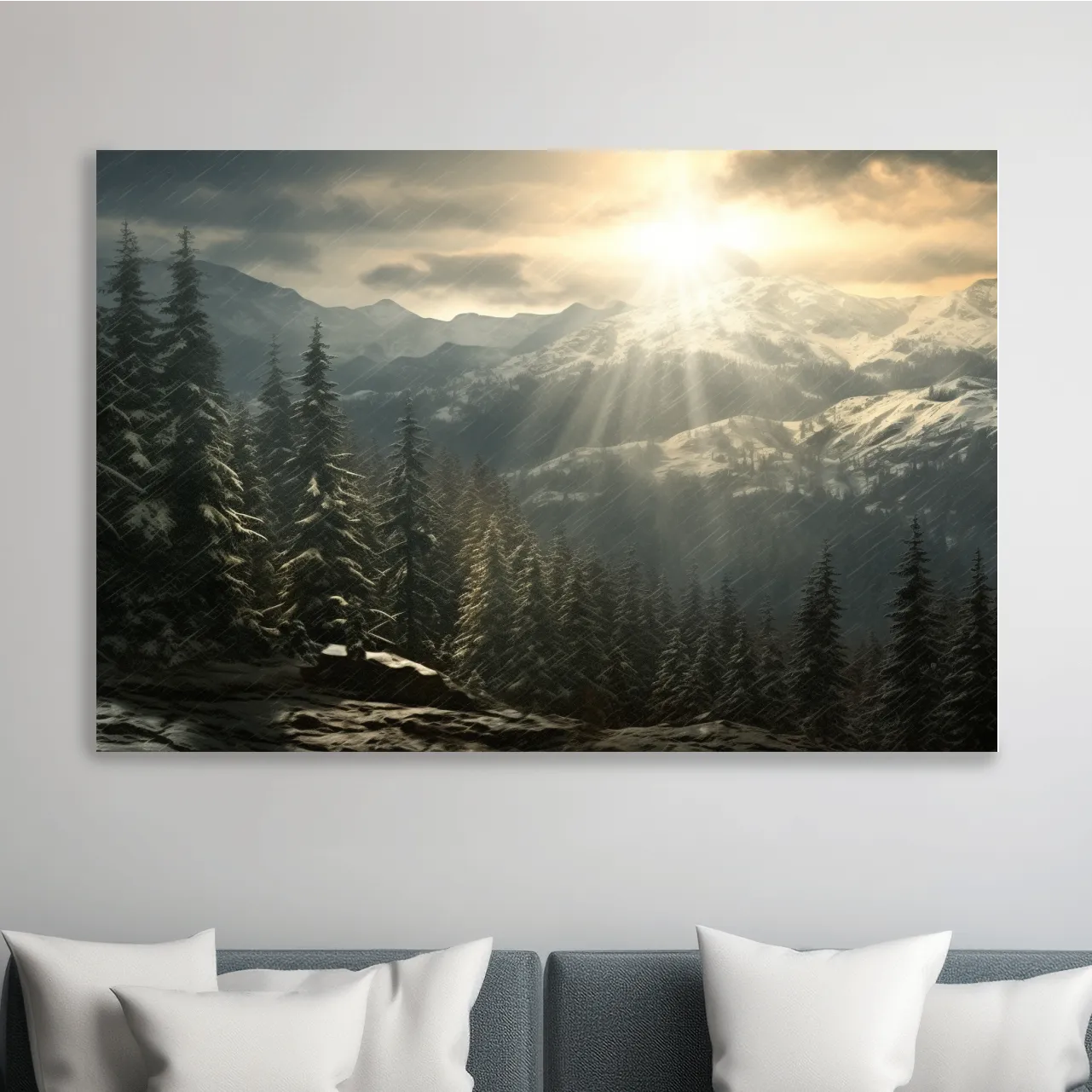 Sunset snowstorm, realistic snow mountain painting