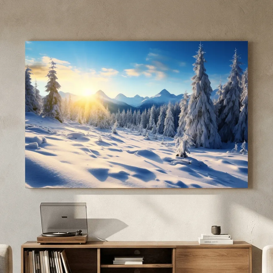 Snowy Sunrise Alpine Forest Landscape - Serene Photographic Nature Wall Art