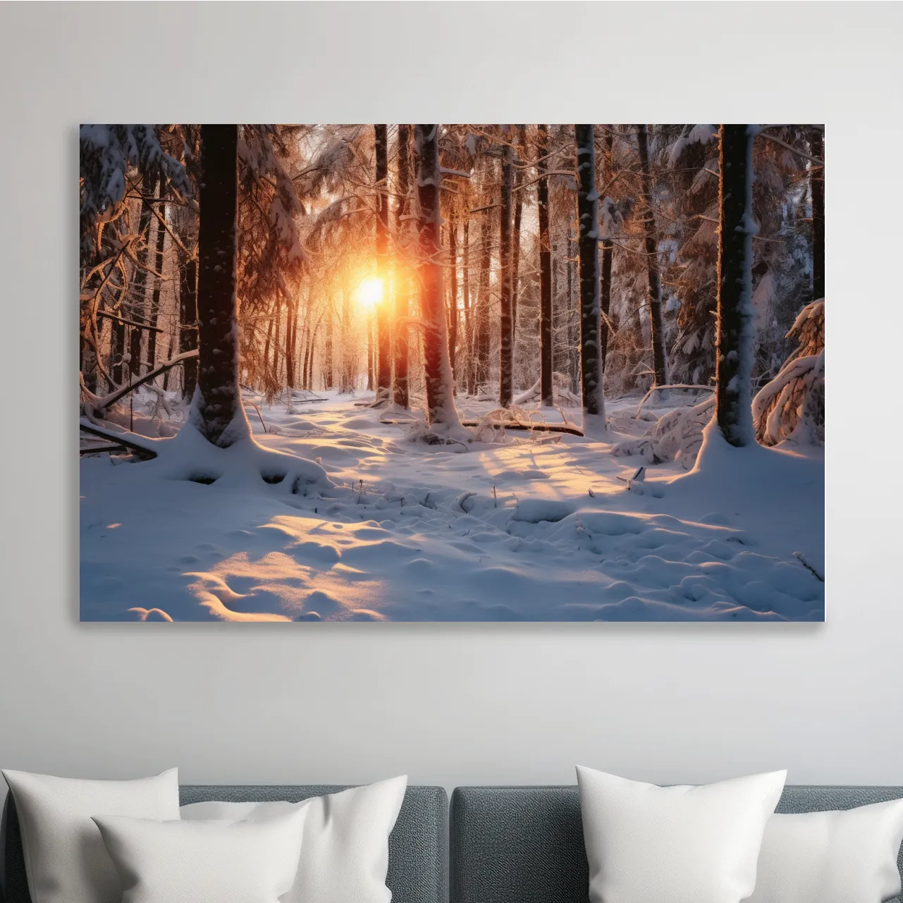 Snow covered forest at sunset, photograph