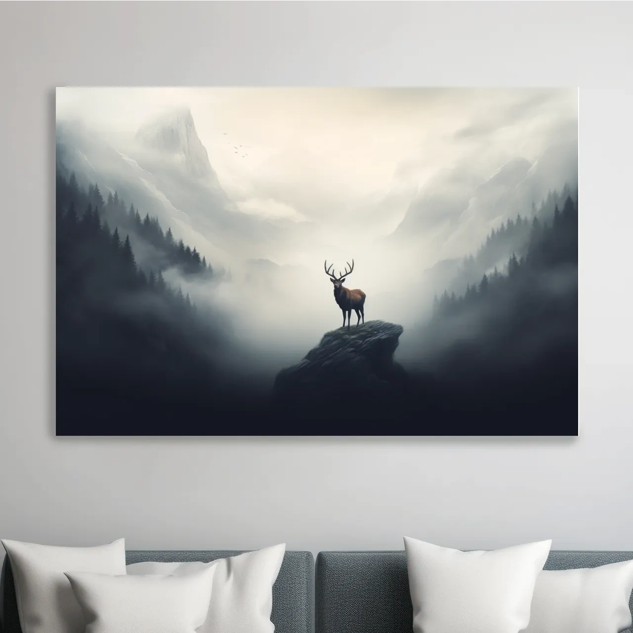 Painting of a majestic deer standing in the fog
