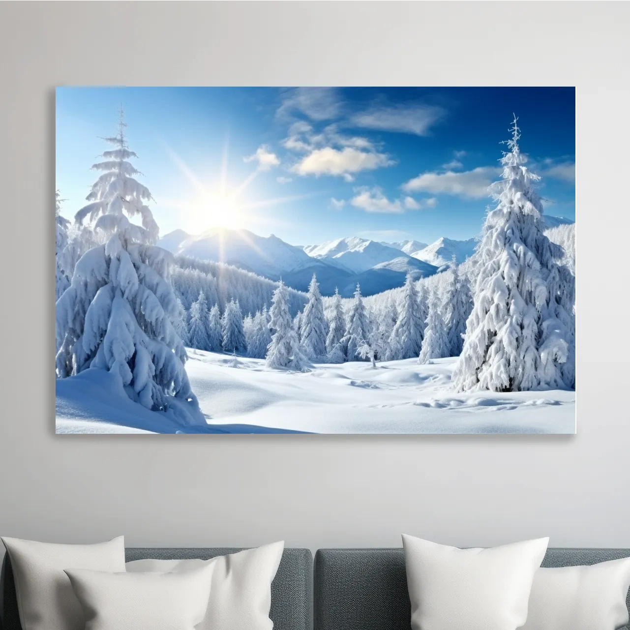 Photograph of a snow covered forest and a clear blue sunny sky