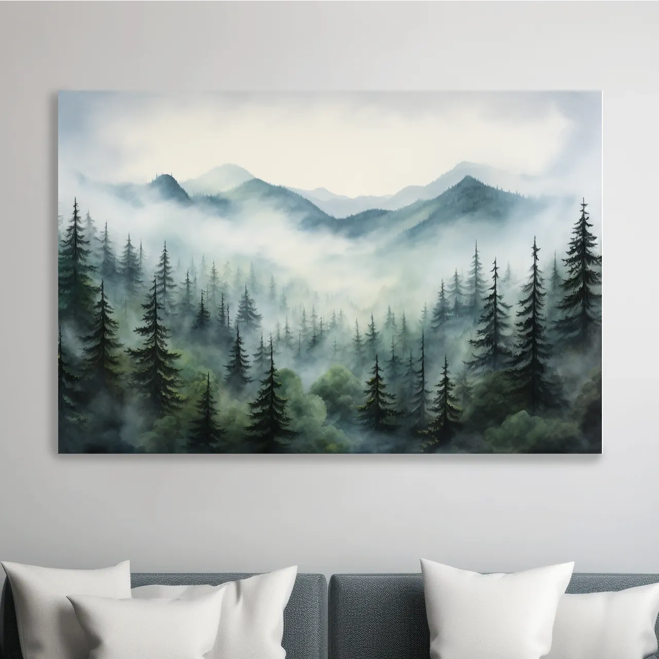 Misty Alpine Forest Painting - Foggy Mountain Landscape Art