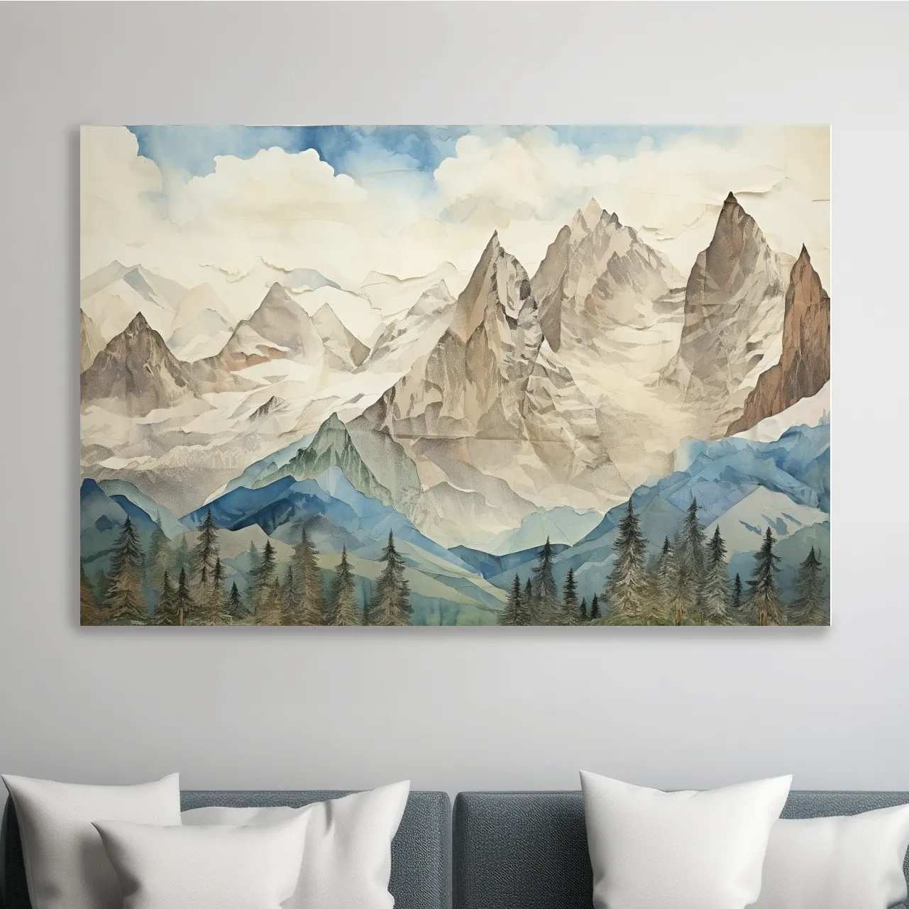 Glacier alpine forest artwork, textured effect mixed-media style wall art