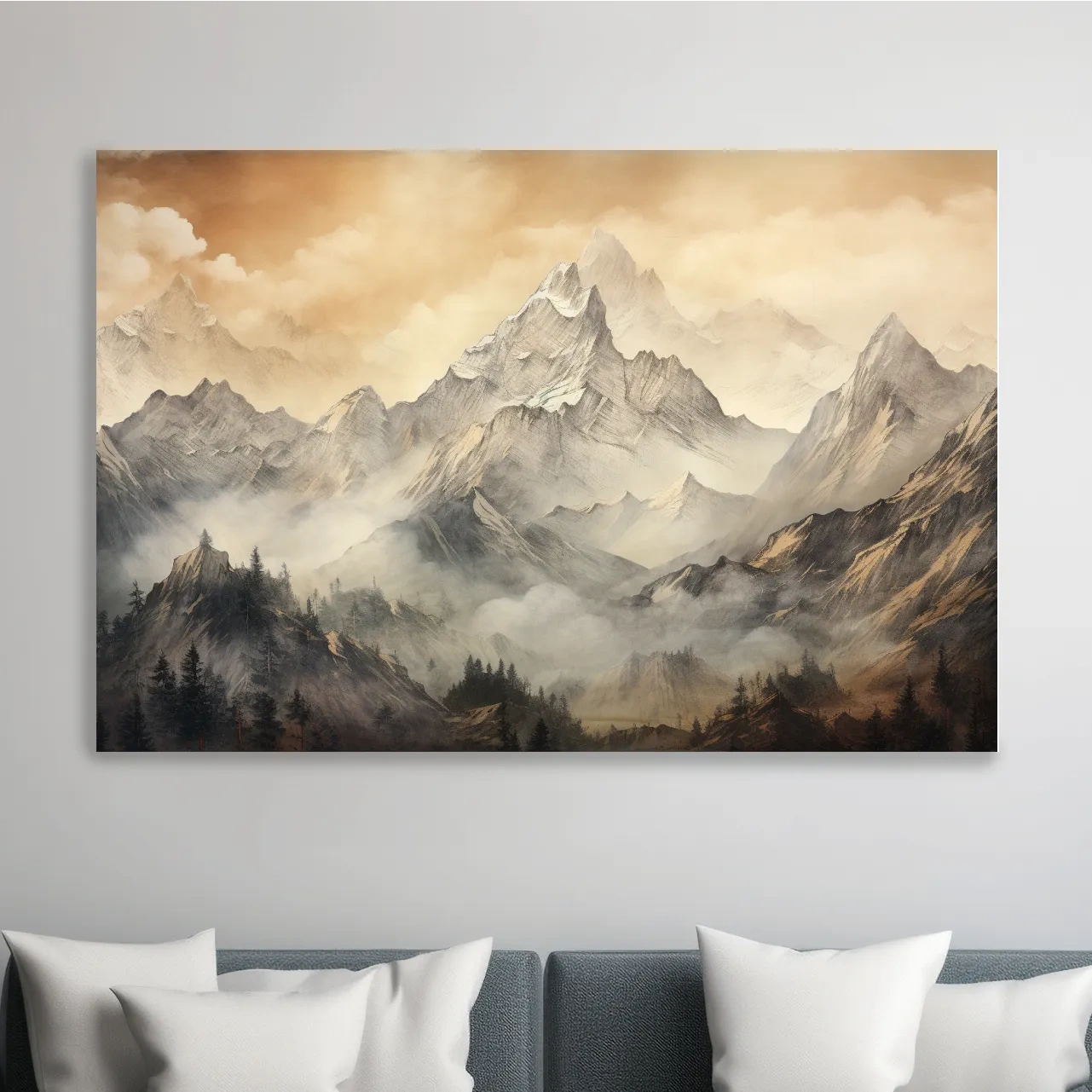 Alpine glacier scene at sunset, sketch style drawing artwork, high alpine landscape wall art