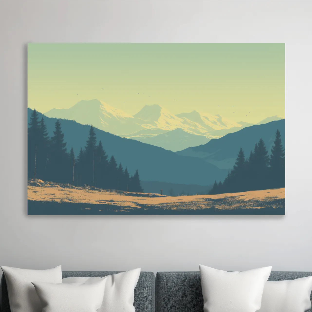 Pacific North West hazy glacier mountain scene, postcard style vector artwork