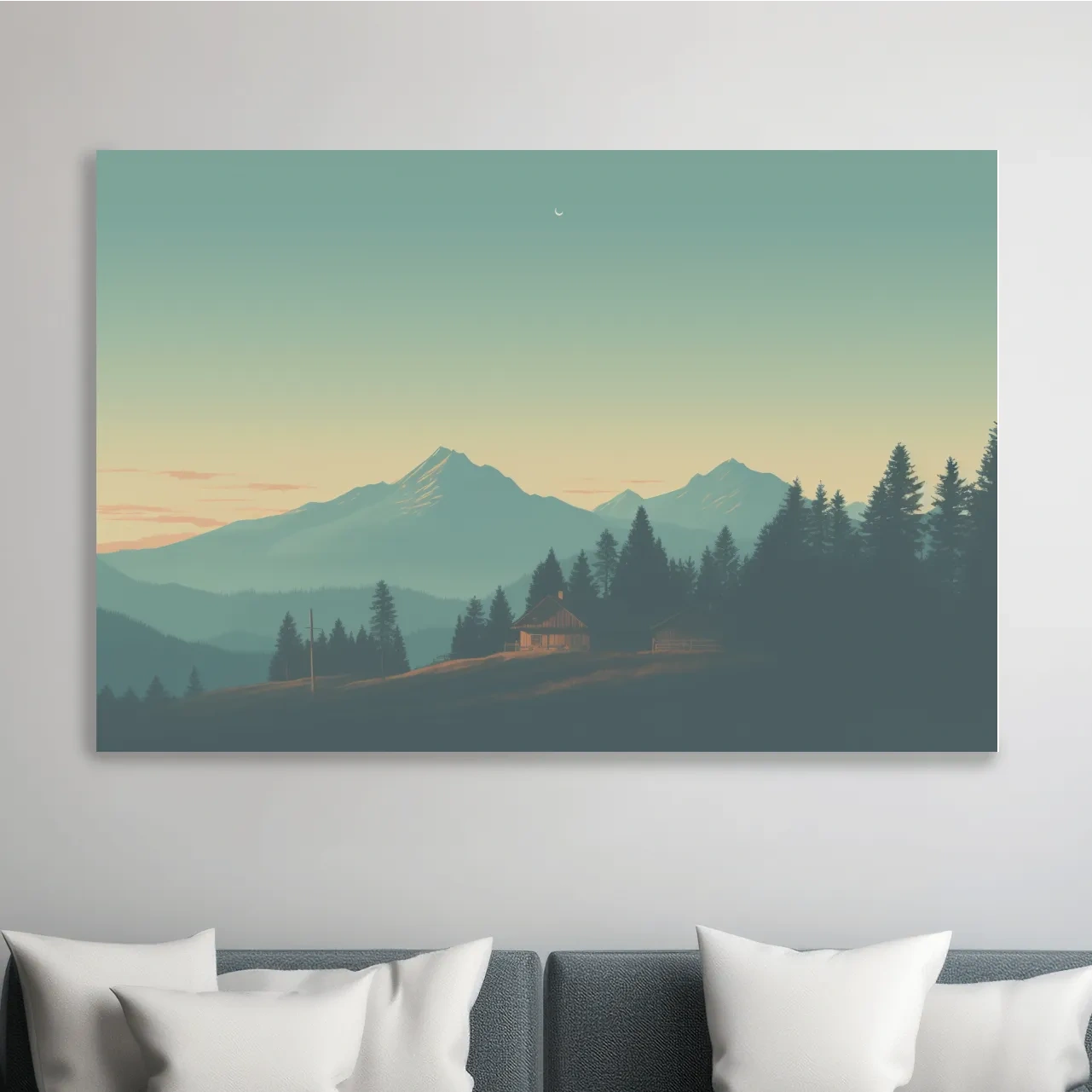 Hazy Alpine Cabin Mountain Sunset - Serene Vintage Landscape Wall Art
