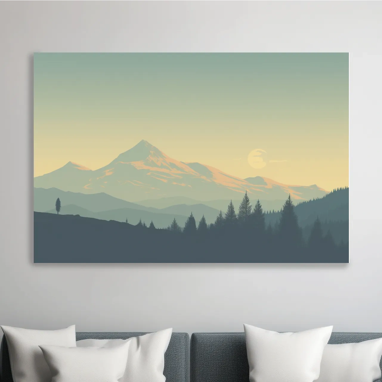 Dusk over the glacier, hazy forest silhouette vector illustration