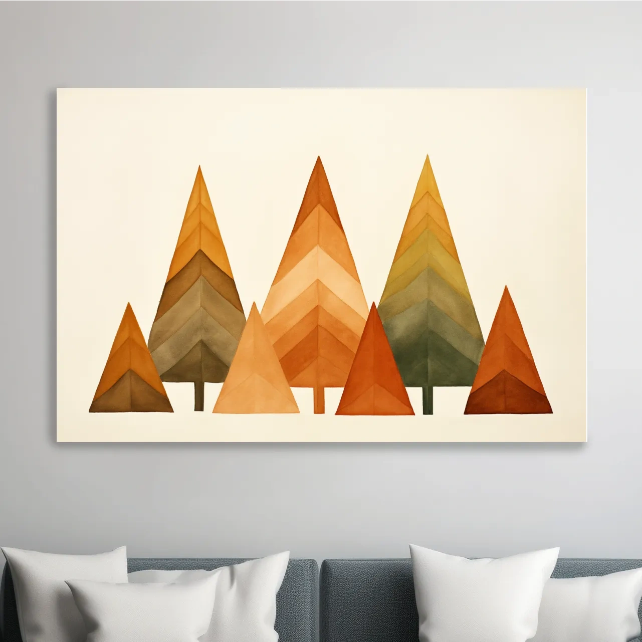 Bohemian style art, minimal forest, triangular trees